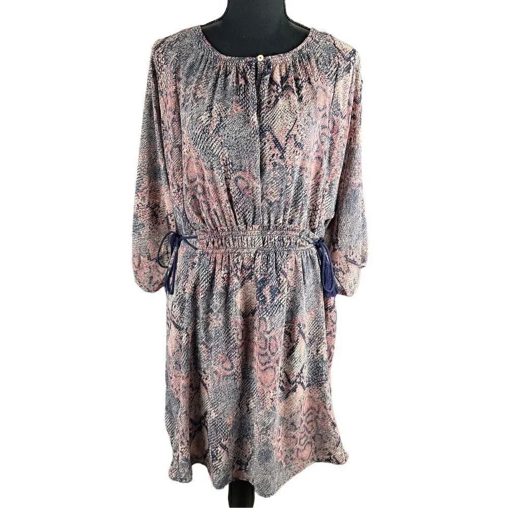 Anthropologie Floreat Dress Women M Blue boho Knee Length Tie Waist 3/4 Sleeve